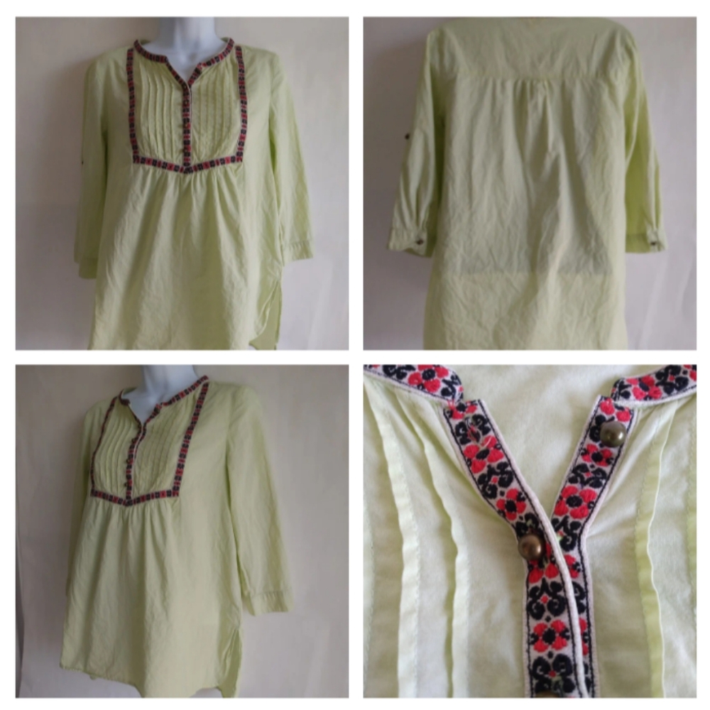 Women's B Sharp, size Small Bohemian Top, Lime Color with metal buttons, roll ta